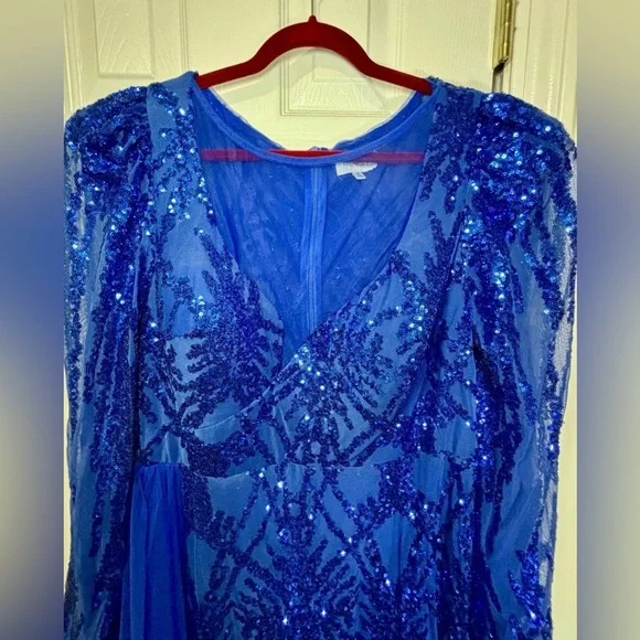 NWOT FAERIESTY SZ 3XL (18) ROYAL BLUE Elegant Sequined Gown With Sheer Overlay - Picture 3 of 10